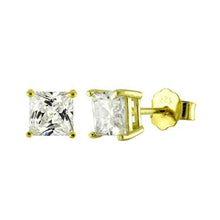 Load image into Gallery viewer, Sterling Silver Yellow Gold Plated Solid Square Cubic Zirconia Studs Casting