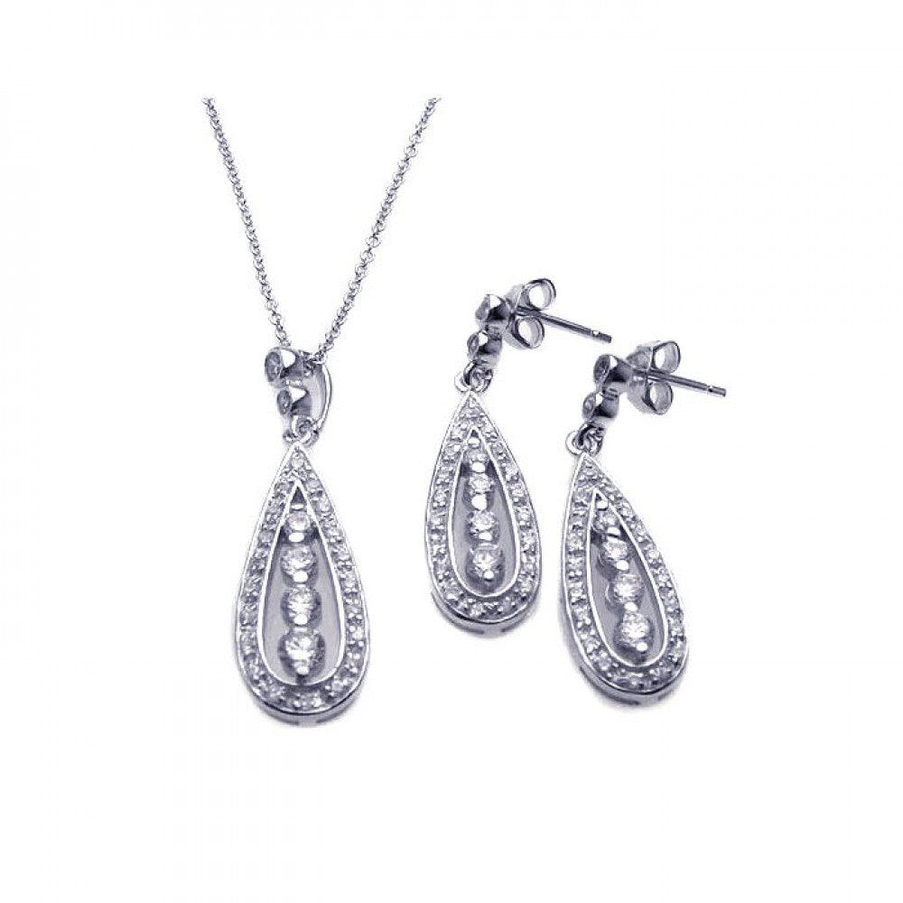 Sterling Silver Rhodium Plated Teardrop Channel CZ Dangling Stud Earring and Necklace Set