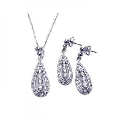 Sterling Silver Rhodium Plated Teardrop Channel CZ Dangling Stud Earring and Necklace Set