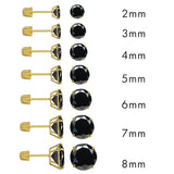 14K Yellow Gold Round Black Cubic Zirconia Screw Back Earring. Set on High Quality Prong Setting and Friction Style