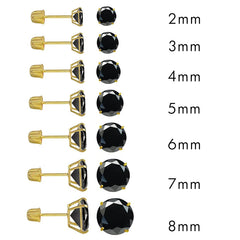 14K Yellow Gold Round Black Cubic Zirconia Screw Back Earring. Set on High Quality Prong Setting and Friction Style