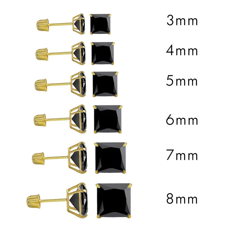 14K Yellow Gold Stud Princess Cut Black Cubic Zirconia Screw Back Earring. Set on High Quality Prong Setting and Friction Style Post