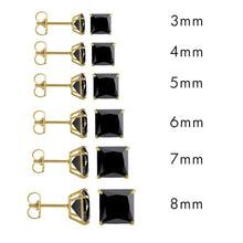 Load image into Gallery viewer, 14K Yellow Gold Stud Princess Cut Black Cubic Zirconia Earring. Set on High Quality Prong Setting and Friction Style Post