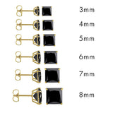 14K Yellow Gold Stud Princess Cut Black Cubic Zirconia Earring. Set on High Quality Prong Setting and Friction Style Post