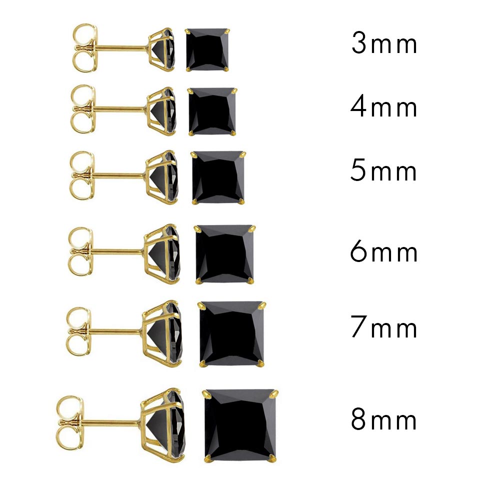 (PACK OF 6)14K Yellow Gold Stud Princess Cut Black Cubic Zirconia Earring. Set on High Quality Prong Setting and Friction Style Post