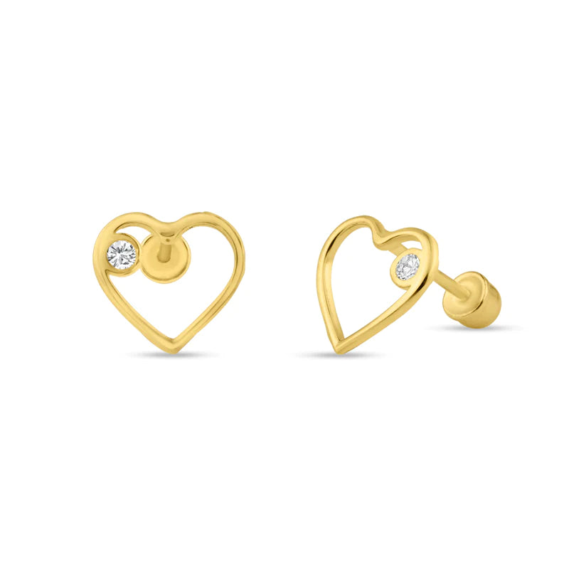 14K Yellow Gold Cubic Zirconia Heart Stud With Screw Back Earrings