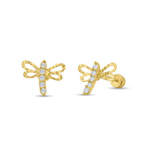 Load image into Gallery viewer, 14K Yellow Gold Cubic Zirconia Dragonfly Stud With Screw Back Earrings