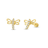 14K Yellow Gold Cubic Zirconia Dragonfly Stud With Screw Back Earrings