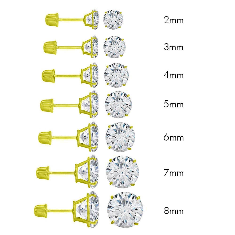 10K Yellow Gold Round Cubic Zirconia Stud Earring Set on High Quality Prong Setting And Screw Back Post