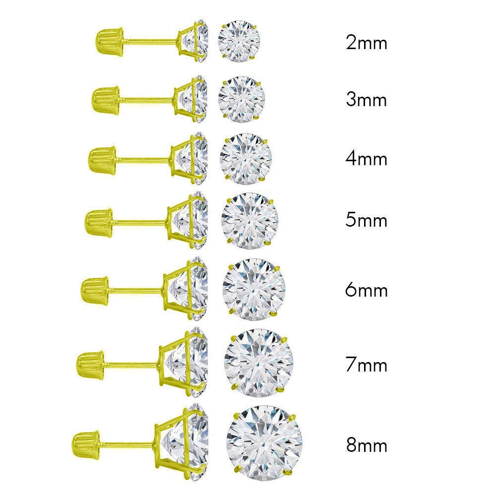 14K Yellow Gold Round Cubic Zirconia Stud Earring Set on High Quality Prong Setting and Screw Back Post