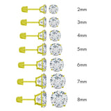 14K Yellow Gold Round Cubic Zirconia Stud Earring Set on High Quality Prong Setting and Screw Back Post