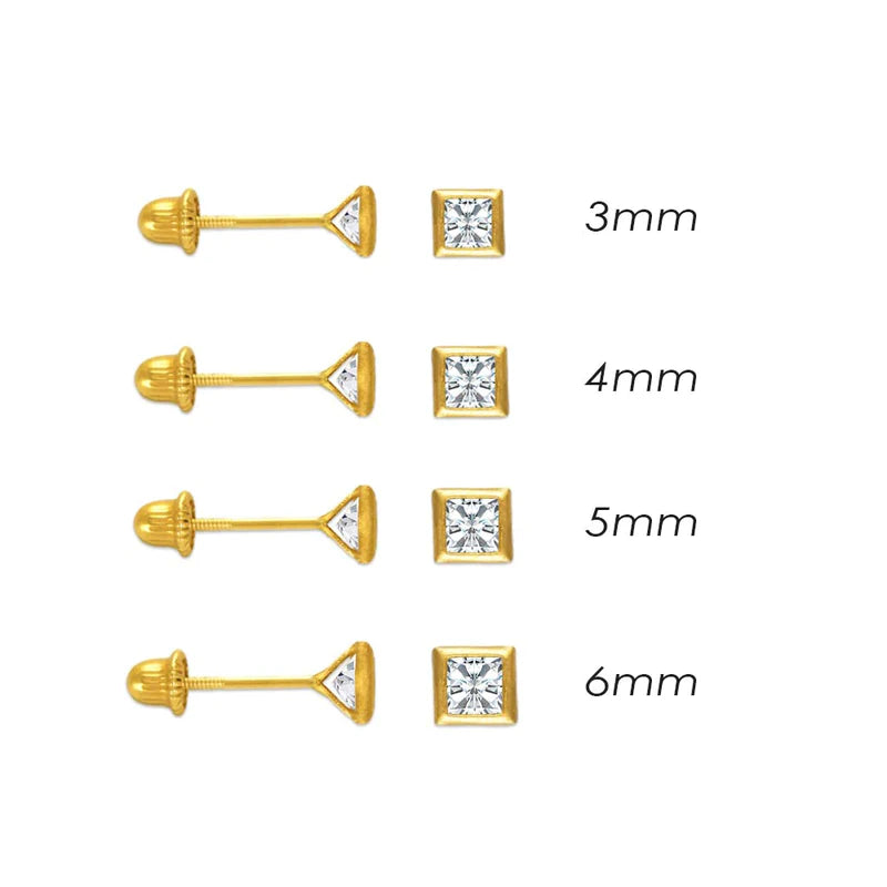 14K Yellow Gold CZ Princess-Cut Bezel Setting Stud Earrings