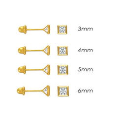 14K Yellow Gold CZ Princess-Cut Bezel Setting Stud Earrings