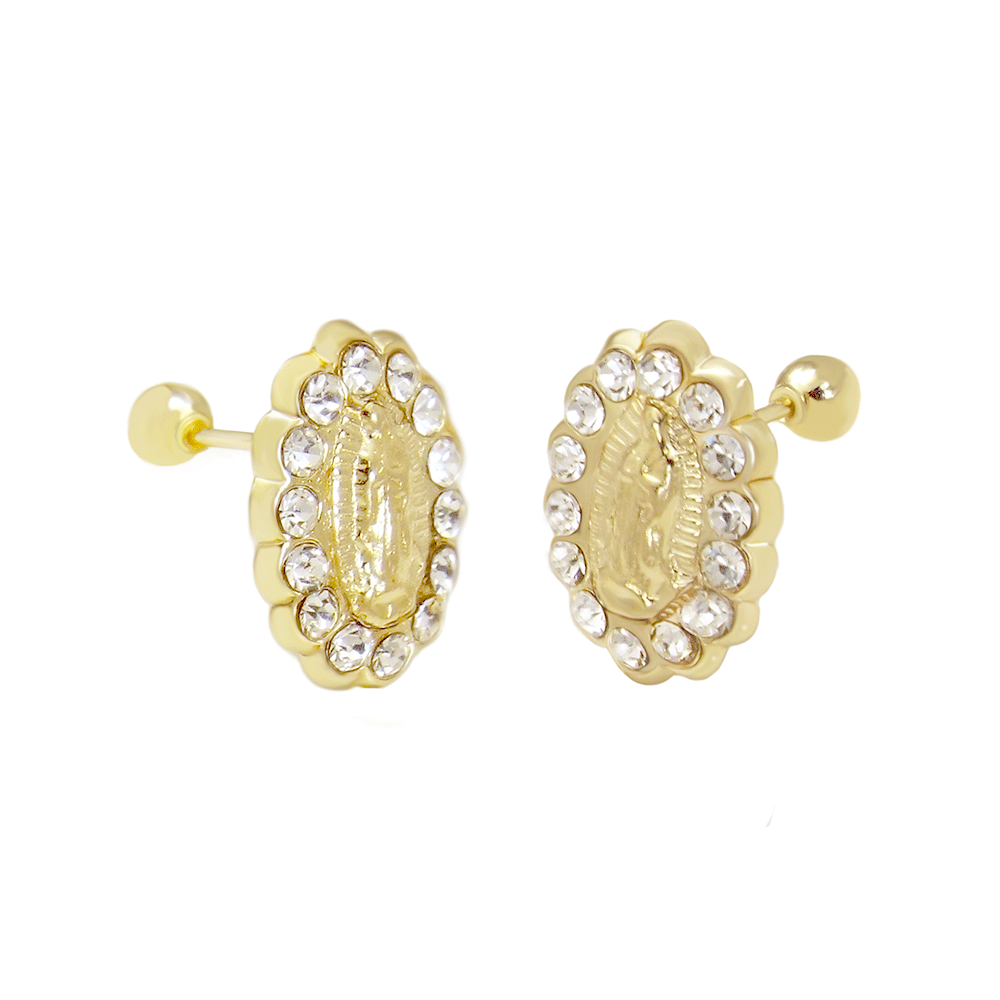 14K Yellow Gold Lady of Guadalupe With Screw-Back Stud Earrings-Small