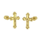 14K Yellow Gold Crucifix Cross Stud Earrings With Screw Back
