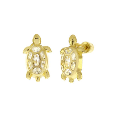 14K Yellow Gold Screw Back CZ Turtle Stud Earrings