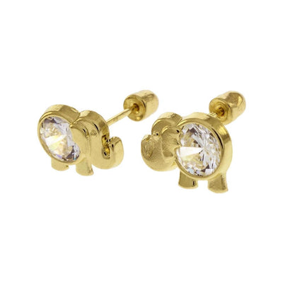 Elephant W. Round CZ 14K Yellow Gold Screw Back Stud Earrings