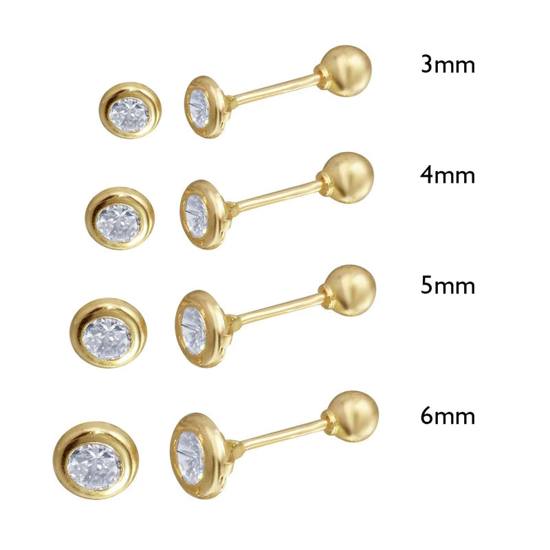 14K Yellow Gold Round Cubic Zirconia Bezel-Set Stud Earrings With Screw Back