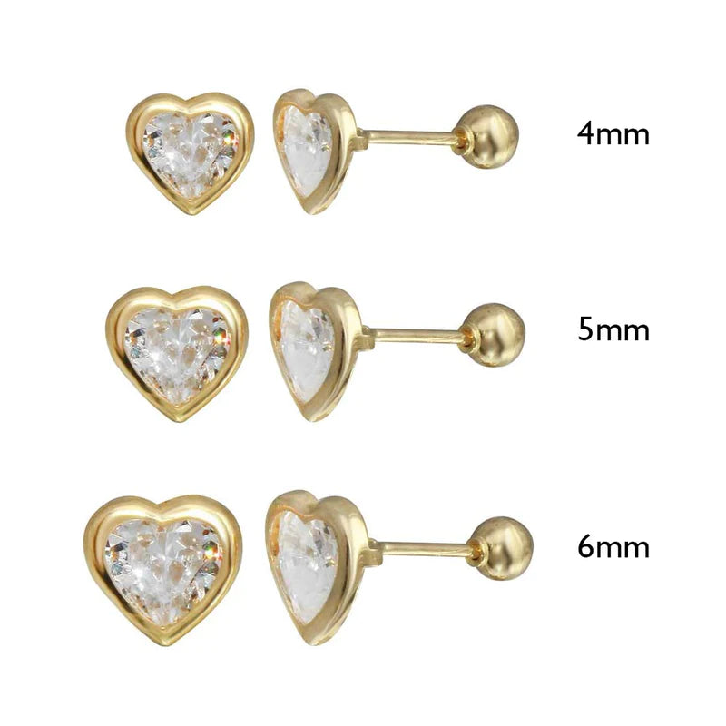 14K Yellow Gold Heart Bezel Setting CZ with Screw Back Stud Earrings