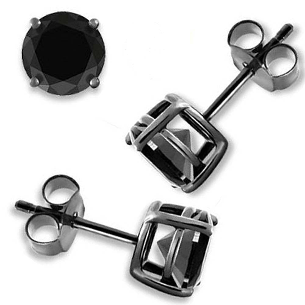 Sterling Silver Black Plated Stud Earrings Round Black CZ Earring On High Quality Prong Setting with Friction Style Post