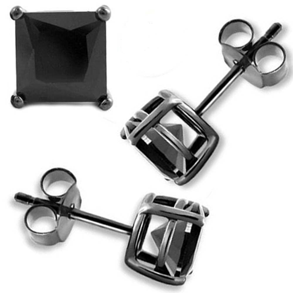Sterling Silver Black Plated Stud Earrings Black Princess Cut CZ Earring on High Quality Prong Setting with Friction Style Post