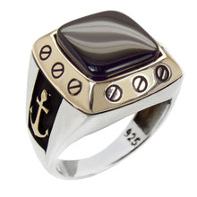 Load image into Gallery viewer, 12x12mm Black Onyx and Gold Tone Brass W. Anchor Sterling Silver Men Ring