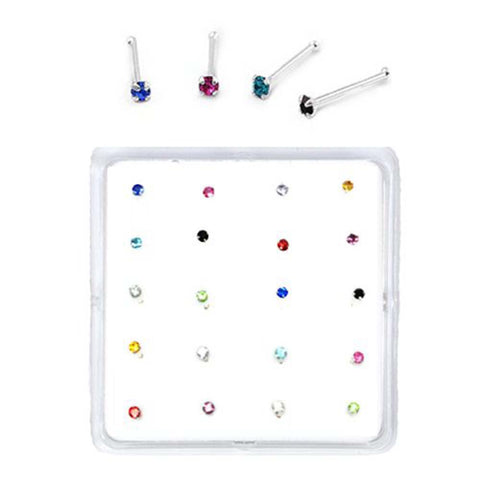 Sterling Silver Set of 20 Multi-Color Nose Stud Box 1.5 mm With End Ball (Colors May Vary)