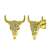 Load image into Gallery viewer, Sterling Silver CZ Bull Skull Gold Plated Stud Earrings