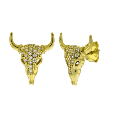 Sterling Silver CZ Bull Skull Gold Plated Stud Earrings