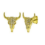 Sterling Silver CZ Bull Skull Gold Plated Stud Earrings