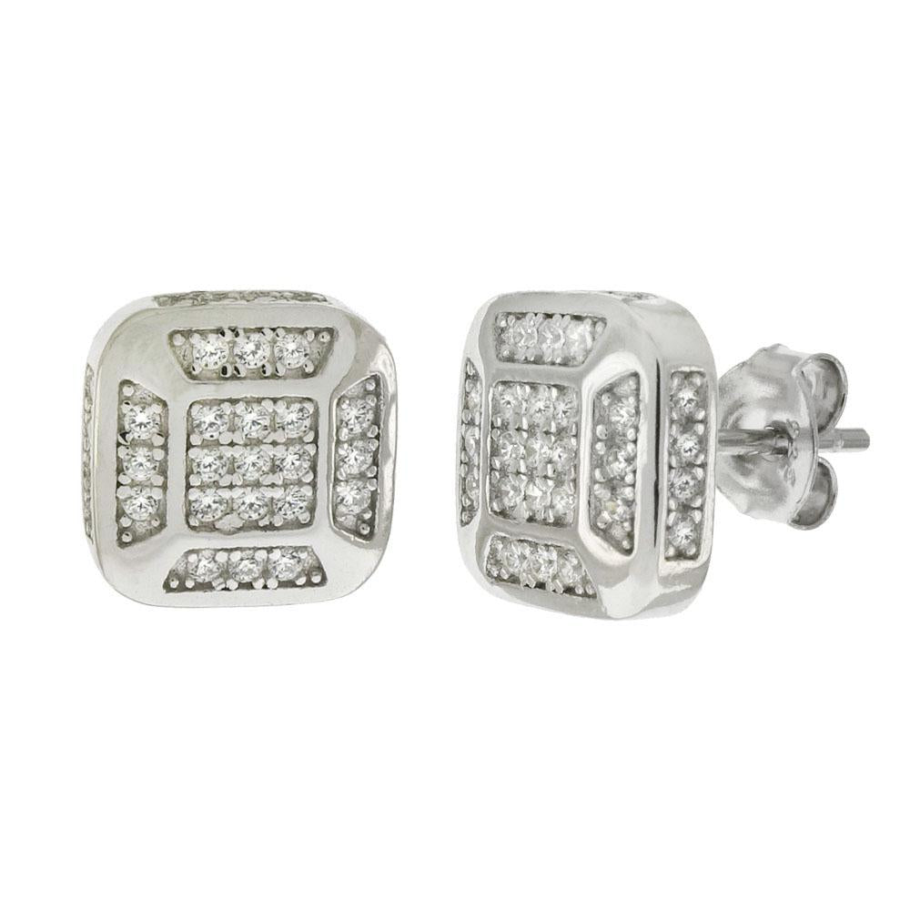 Sterling Silver Unisex Micro Pave CZ Rhodium Stud Earrings