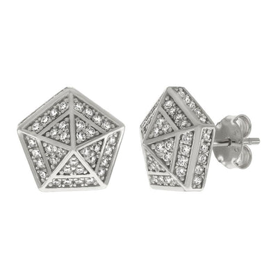 Sterling Silver Micro Pave CZ Pentagons Rhodium Stud Earrings