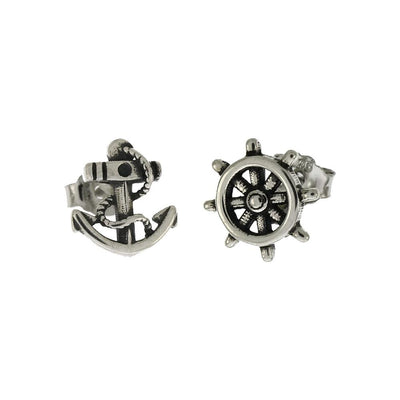 Sterling Silver Anchor and Ship Wheel Nautical Mismatch Oxidized Stud Earrings