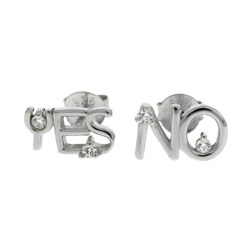 Sterling Silver YES NO Rhodium CZ Stud Earrings