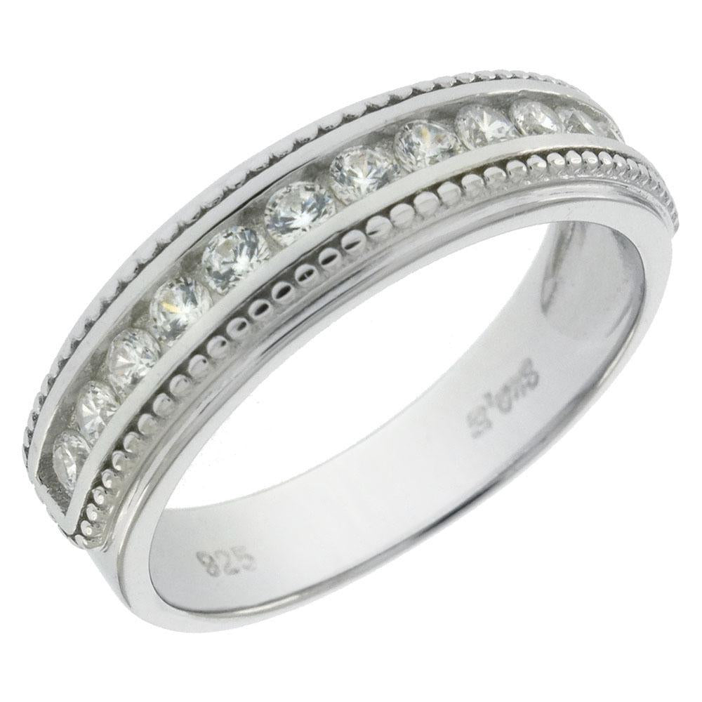 .925 Sterling Silver Channel-Set Round CZ 5mm Rhodium Band Ring