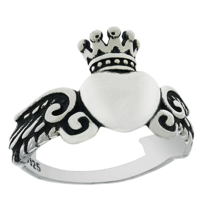 Sterling Silver Heart and Crown W. Wing Oxidized Ring