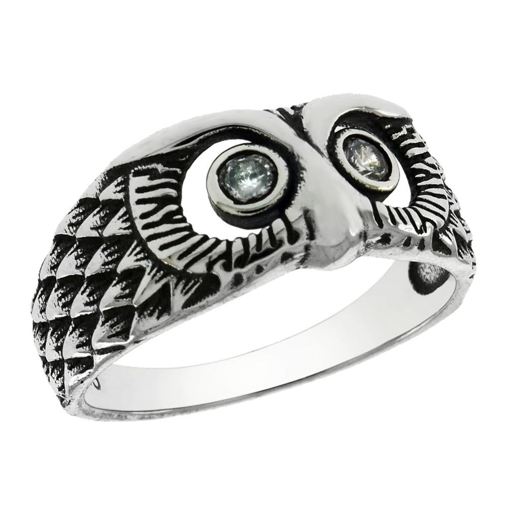 Sterling Silver Oxidized Owl Ring W. Cubic Zirconia