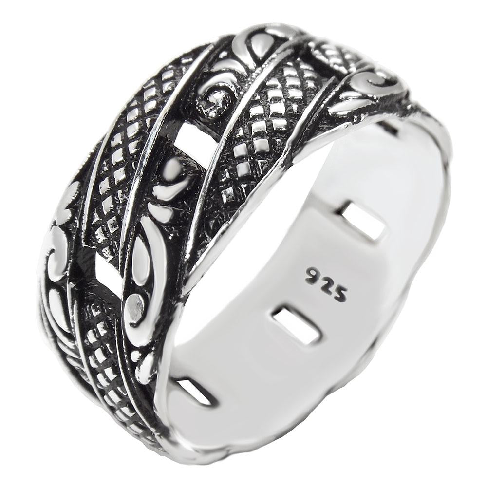 Curb Link Engraved Sterling Silver Oxidized Band Ring