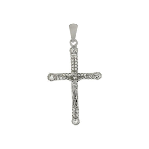 Sterling Silver Crucifix Cross CZ Rhodium Pendant