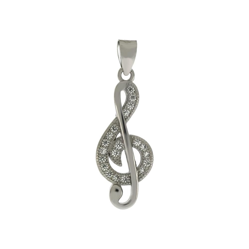 Sterling Silver Treble Clef Music Note CZ Pendant