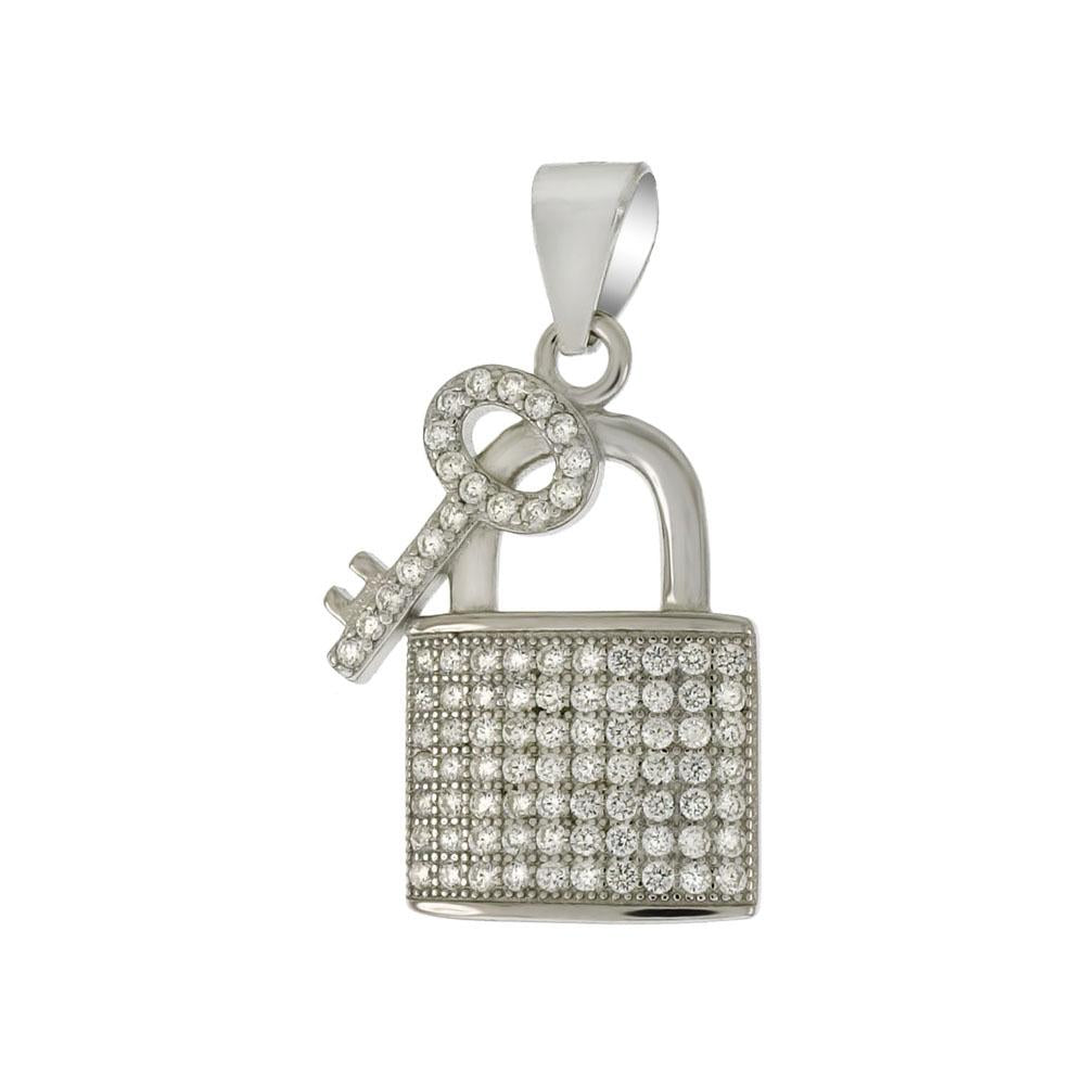 Sterling Silver Pave Cubic Zirconia Lock and Key Pendant