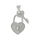 Pave Cubic Zirconia Key W. Heart Lock Sterling Silver Pendant