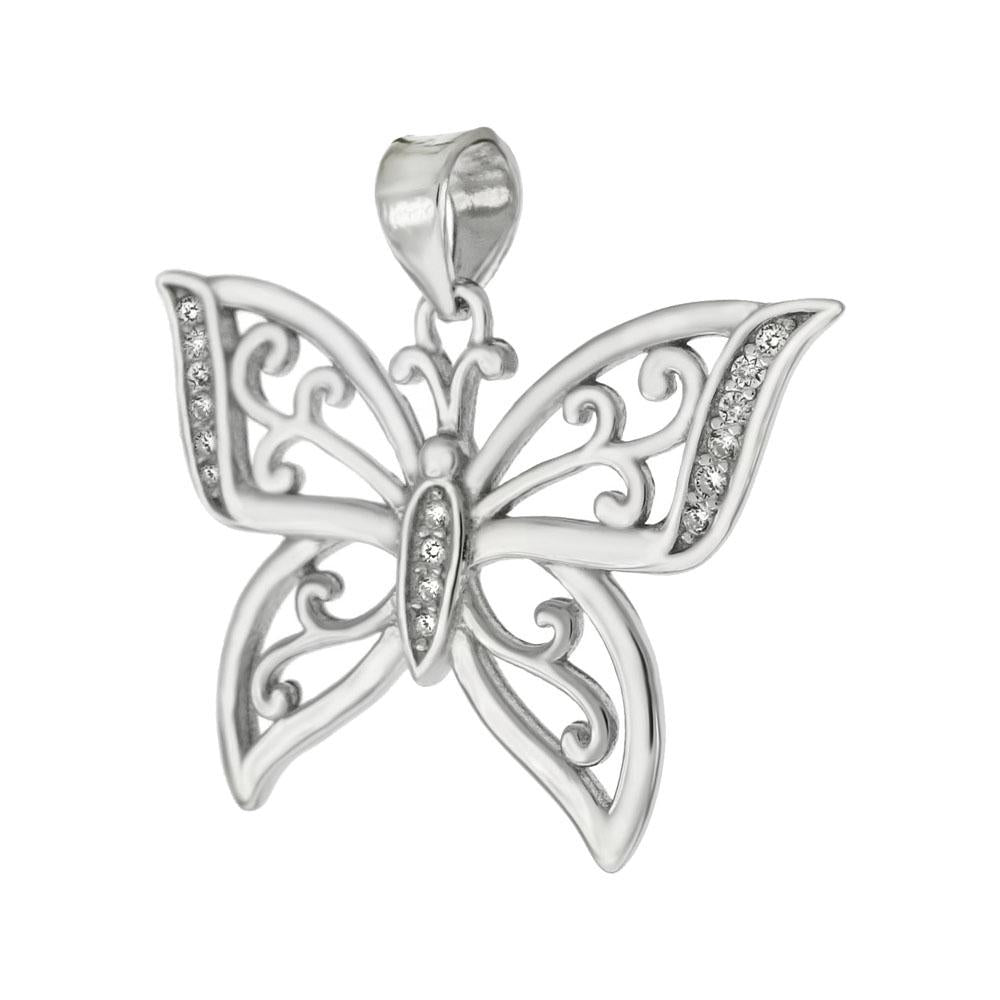 Sterling Silver Butterfly W. Cubic Zirconia Rhodium Pendant