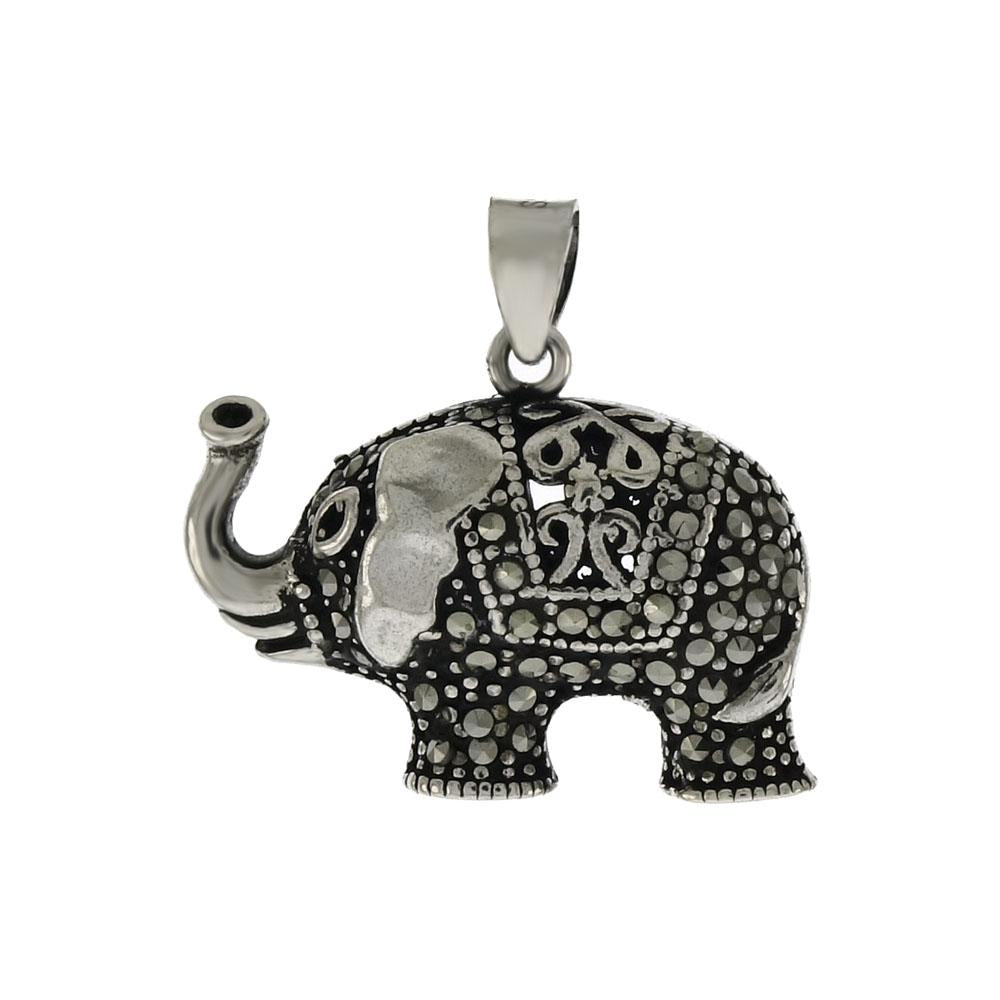 Sterling Silver Marcasite Trumpeting Elephant Oxydized Pendant
