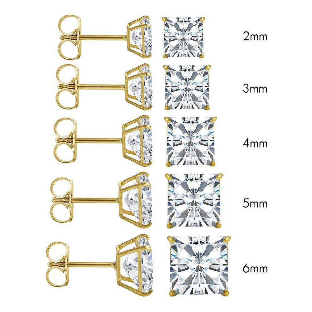 (PACK OF 6)14K Yellow Gold Princess Cut Cubic Zirconia Earring Set on High Quality Prong Setting and Friction Style Post