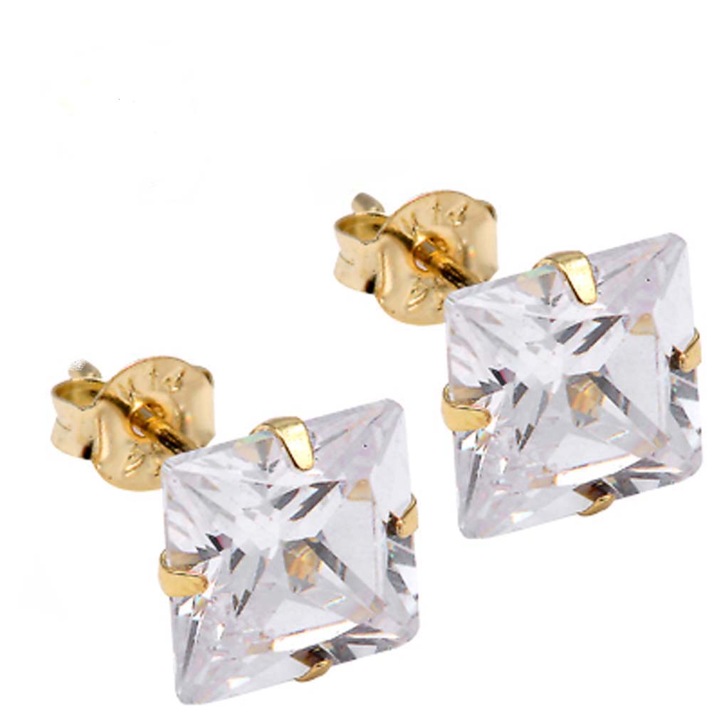 14K Yellow Gold Stud Earring Aprx 1 Carat Total WeightAnd 4mm Each Princess Cut Simulated Diamond Earring. Set on High Quality Stamping Setting & Friction Style Post