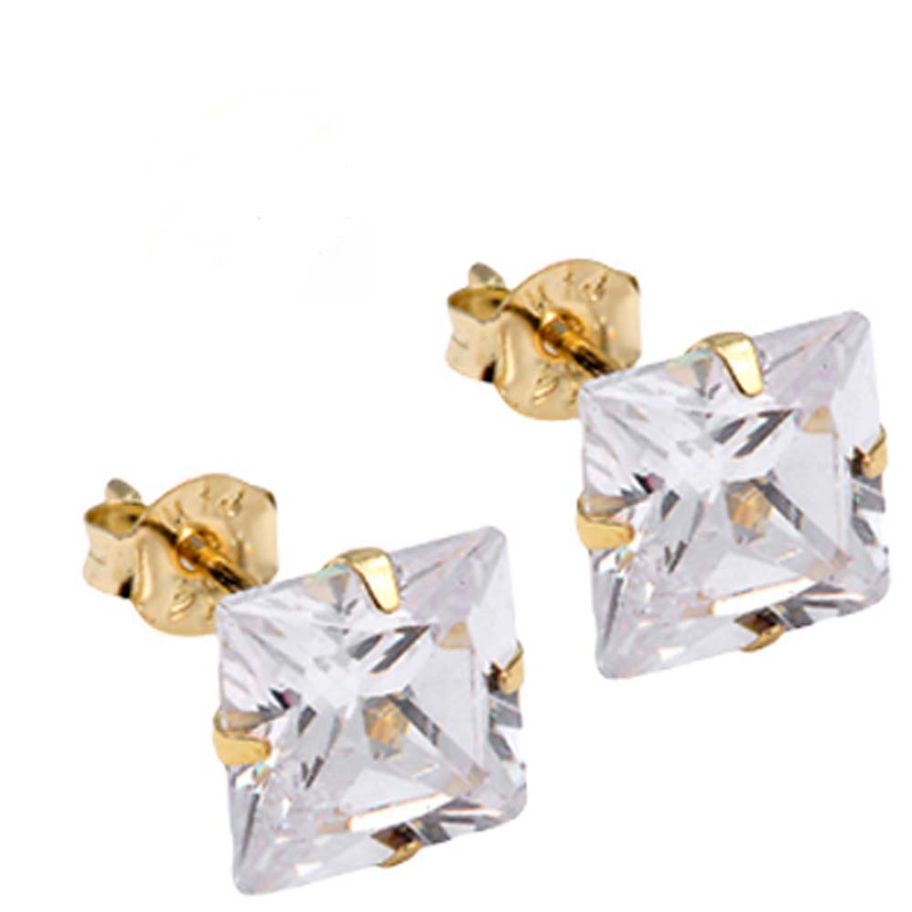 14K Yellow Gold Stud Earring Aprx 3 Carat Total WeightAnd 6mm Each Princess Cut Simulated Diamond Earring. Set on High Quality Stamping Setting & Friction Style Post