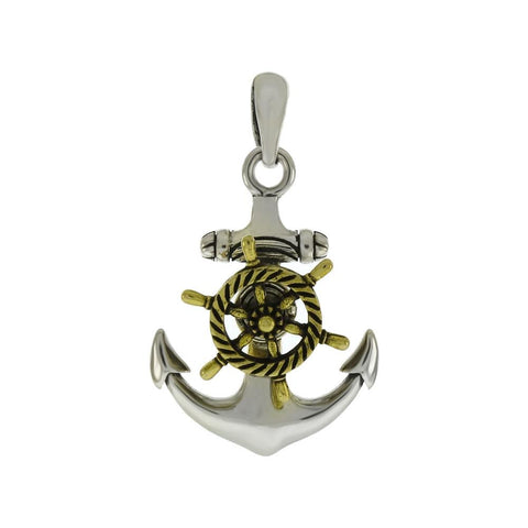 Sterling Silver .925 Anchor W. Brass Wheel 2 Tone Pendant