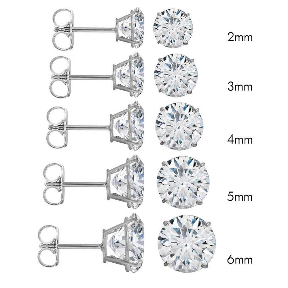 14K White Gold Round Cubic Zirconia Earring. Set on High Quality Prong Setting and Friction Style Post