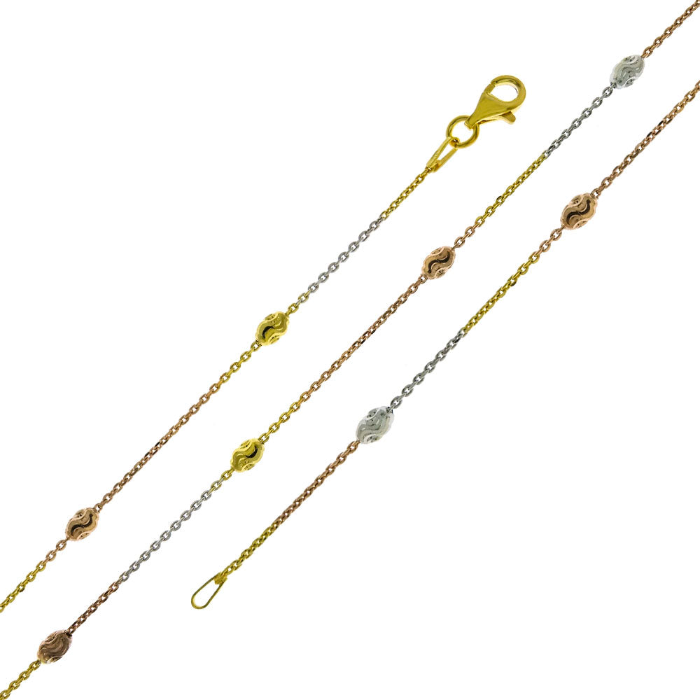 Sterling Silver Italian 3mm Tri-Color Oval Diamond Cut Bead Station Chain Necklace